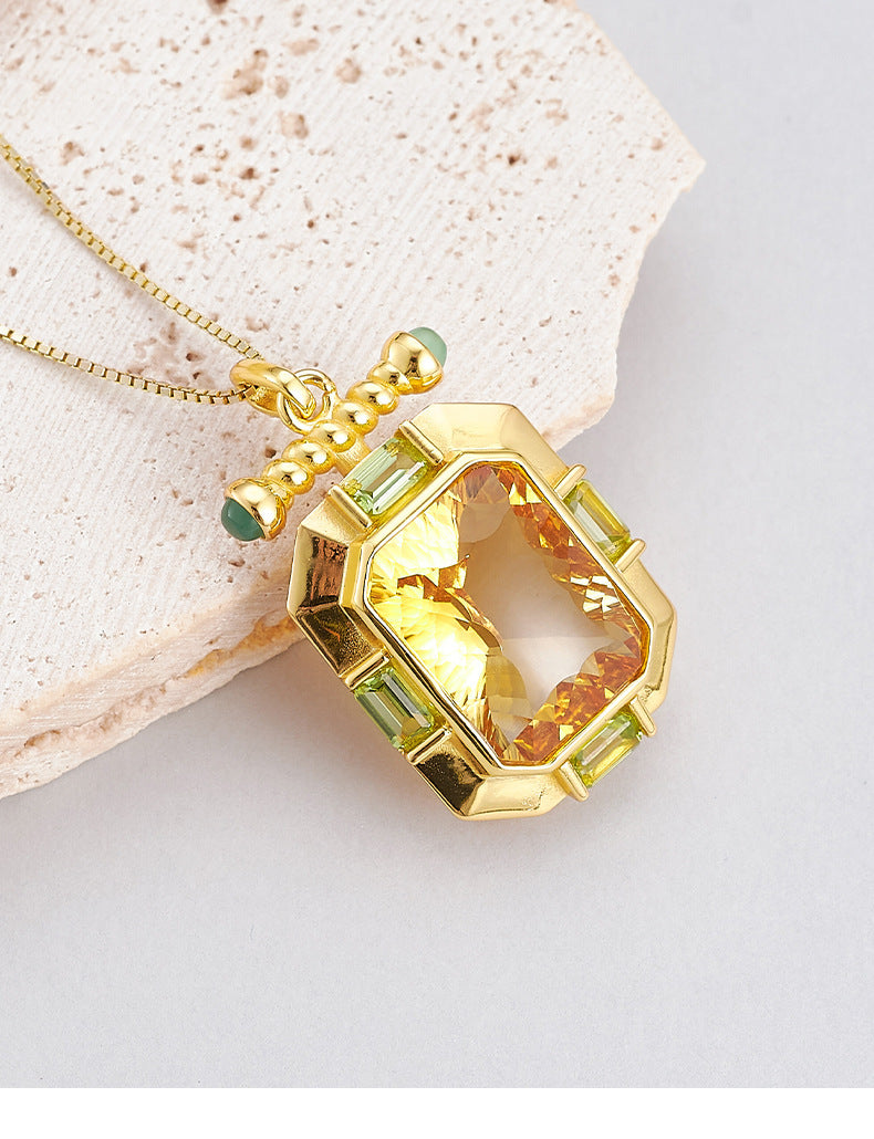 925 Sterling Silver Gold Plated Square Citrine Pendant Necklace