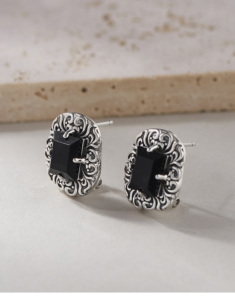 Arabesque Onyx Studs - Intricate Sterling Silver Filigree with Black Gemstone