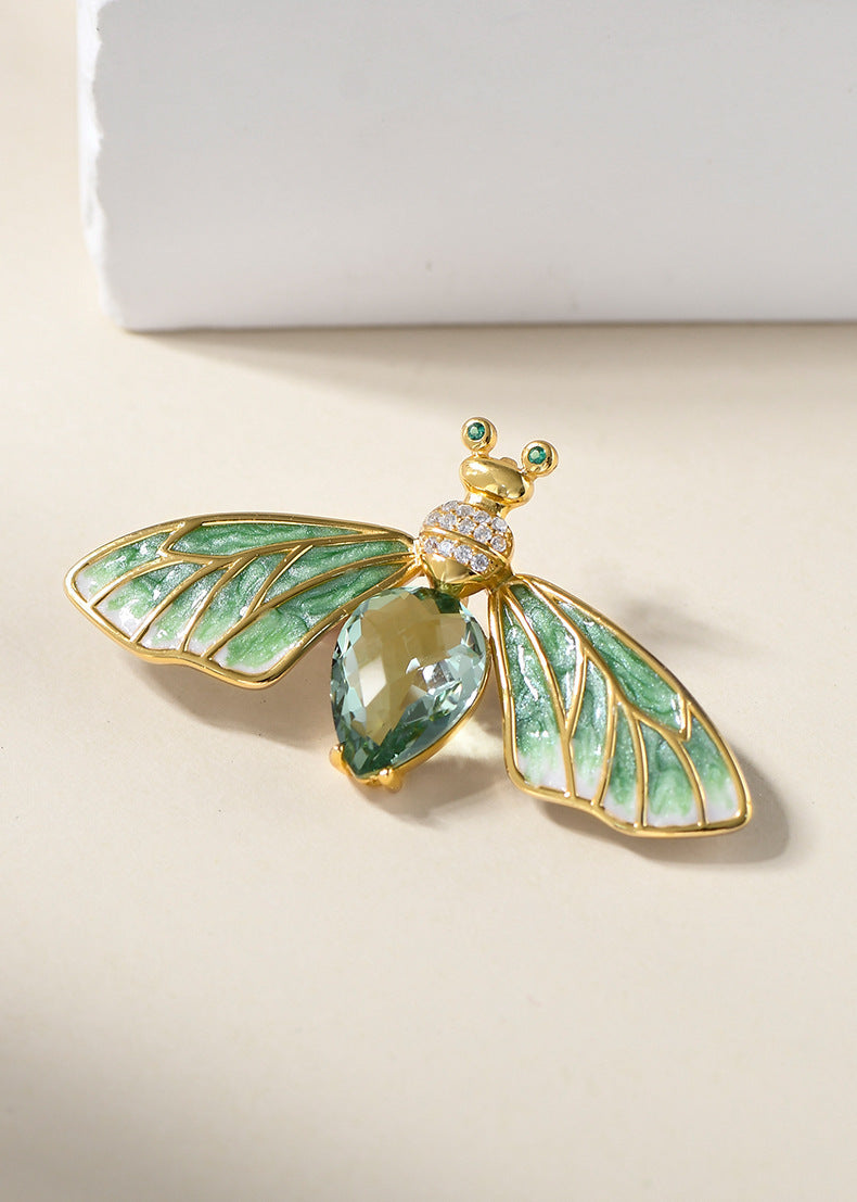925 Sterling Silver Green Crystal Dragonfly Brooch Pin