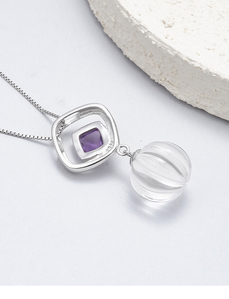 S925 silver rhombus hollow amethyst stud earrings pumpkin beads white crystal earrings simple niche design geometric set