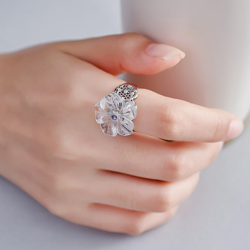Hollow Lace Crystal Flower Ring - 925 Silver Temperament - Versatile High-End Design