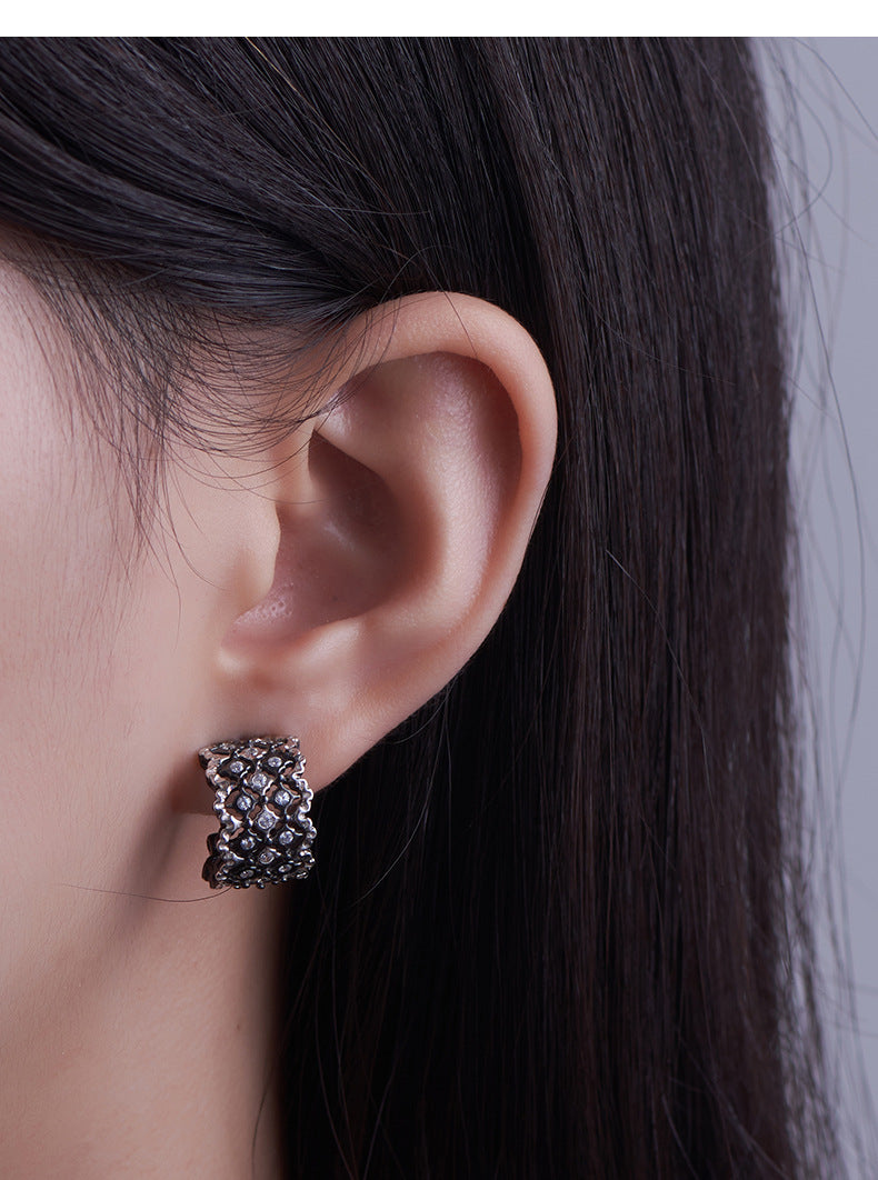 Vintage Lace C-Hoop Earrings - 925 Sterling Silver Italian Filigree Design - Black Finish