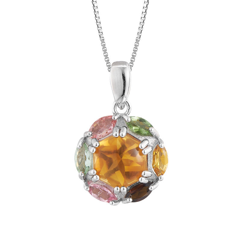 925 Sterling Silver Rainbow Tourmaline Flower Pendant Necklace