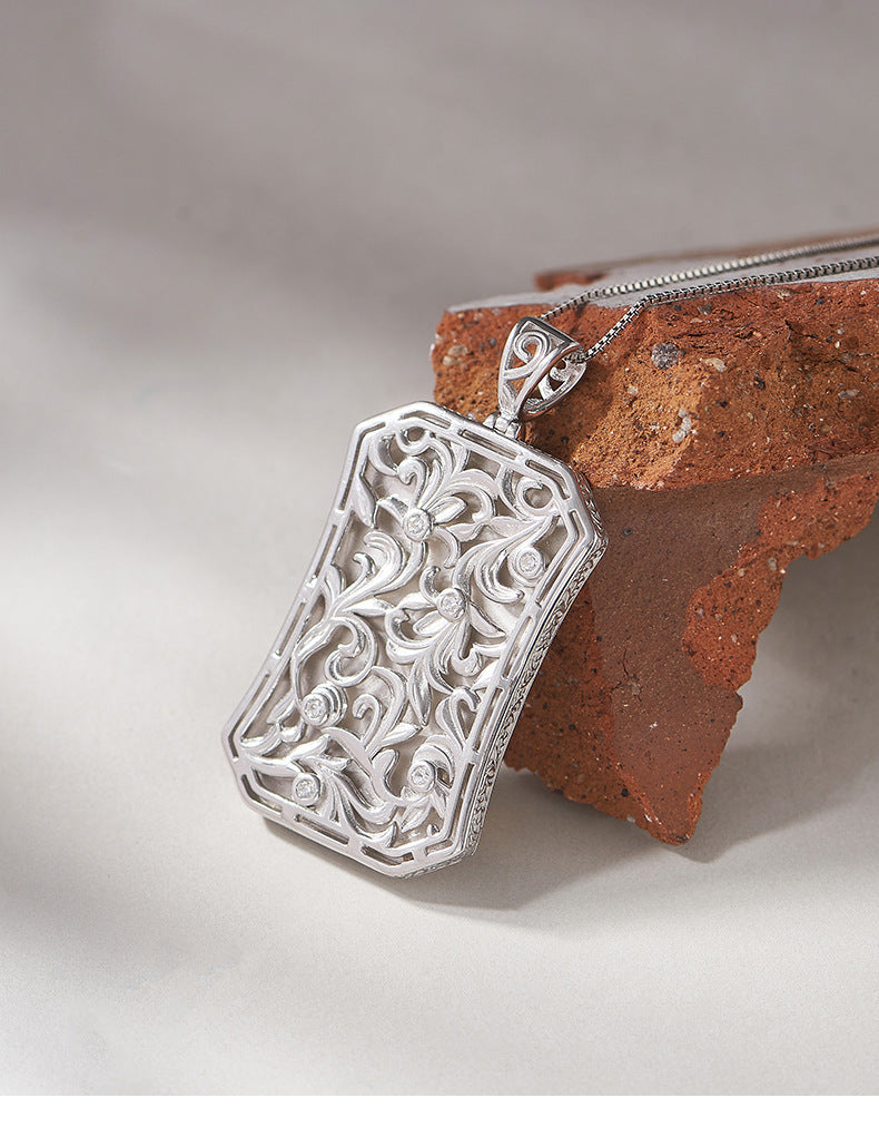 925 Sterling Silver Leopard Head Citrine Square Pendant Necklace - Vintage Design