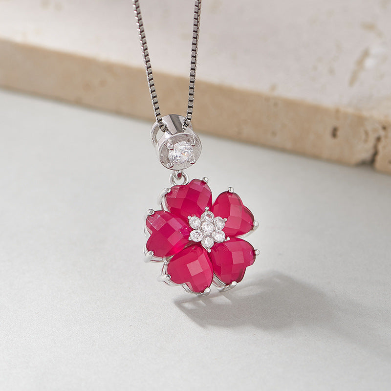 S925 silver heart-shaped redstone stud earrings fashion light luxury simple flower niche gemstone earrings women