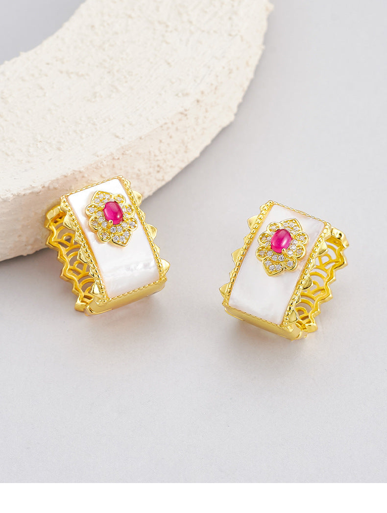 Retro light luxury red corundum ear buckle s925 silver hollow white shell wide-faced earrings temperament exquisite medieval earrings women