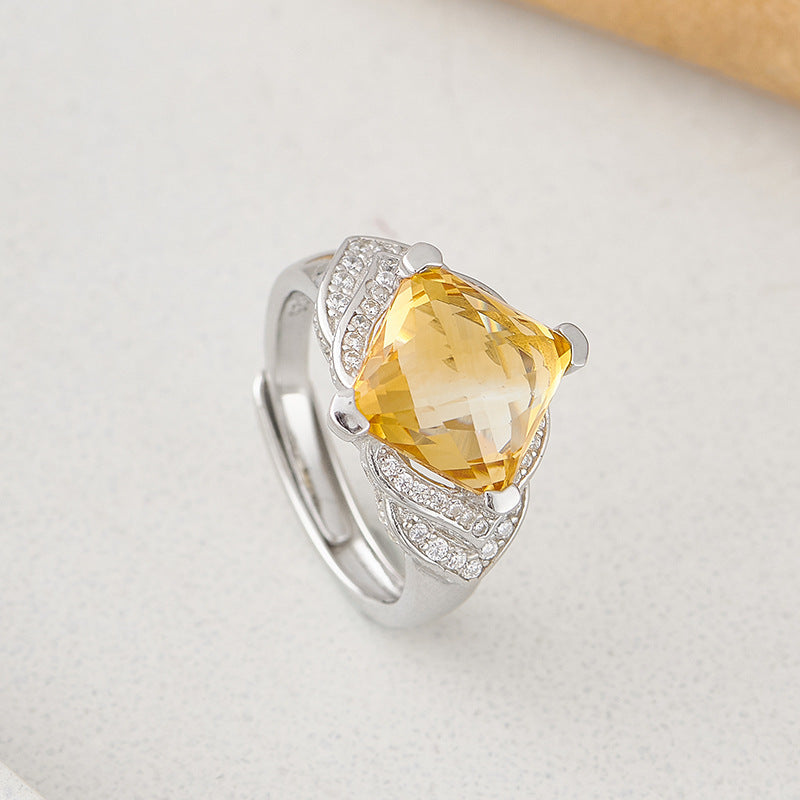 Diamond-Cut Citrine Geometric Ring - Bezel Set in a Fully Adorned 925 Silver Adjustable Band