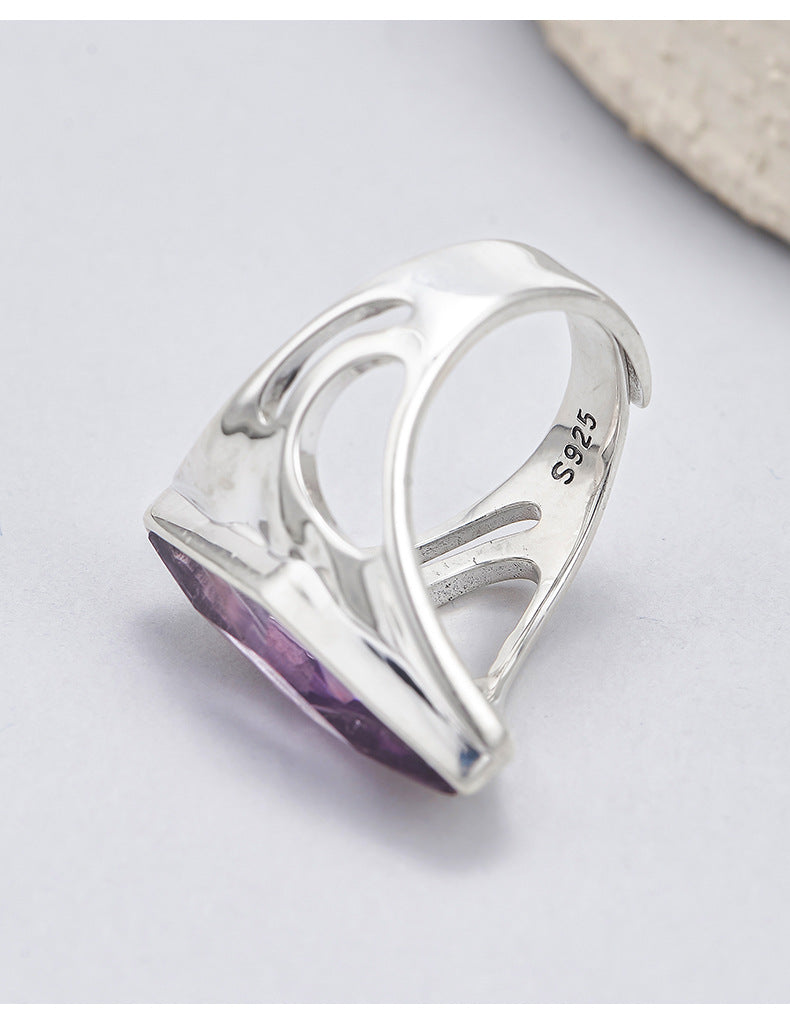 djustable Wide Band Ring - Oval Amethyst in 925 Sterling Silver - Openwork Filigree Design