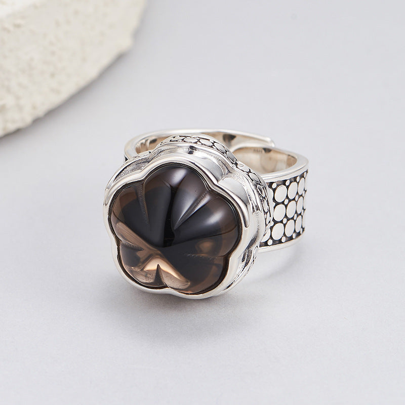 S925 silver natural amethyst plum blossom wide version ring retro niche design tea crystal index finger ring women