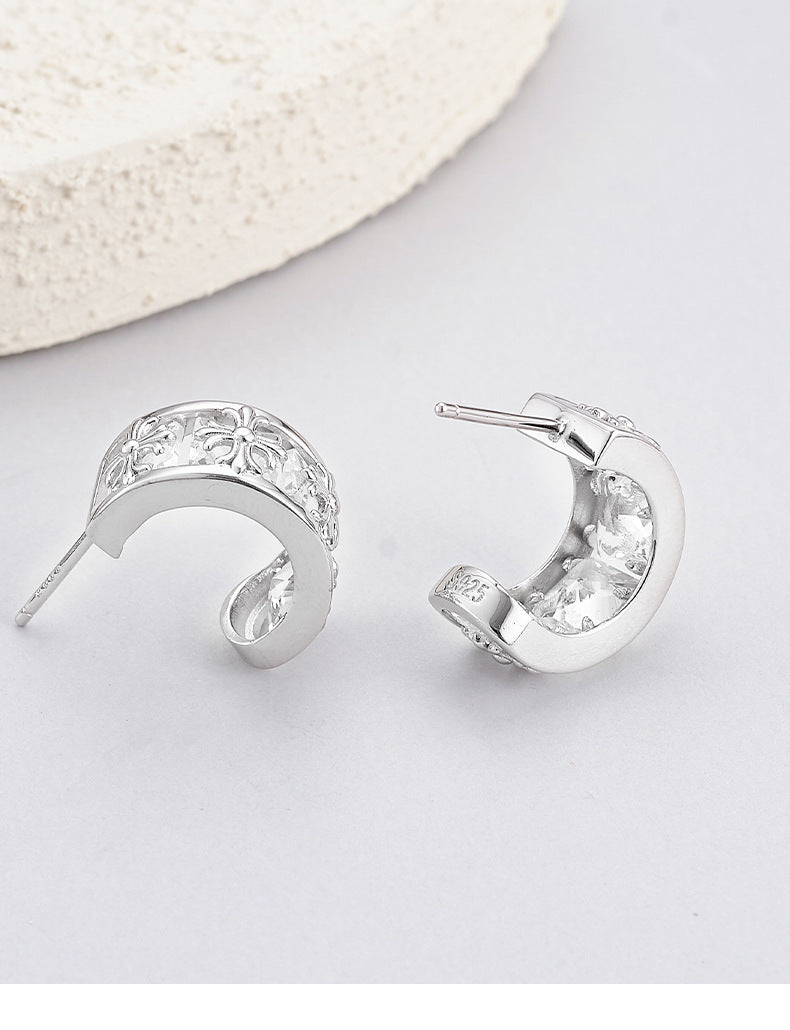 925 Sterling Silver Cross Pattern C-Shape Crystal Stud Earrings
