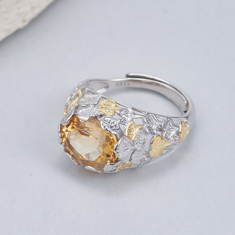 Ginkgo Leaf Citrine Ring | 925 Sterling Silver | Italian Craftsmanship