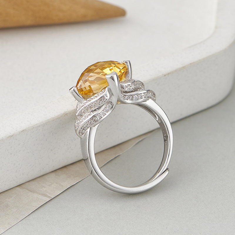 Diamond-Cut Citrine Geometric Ring - Bezel Set in a Fully Adorned 925 Silver Adjustable Band
