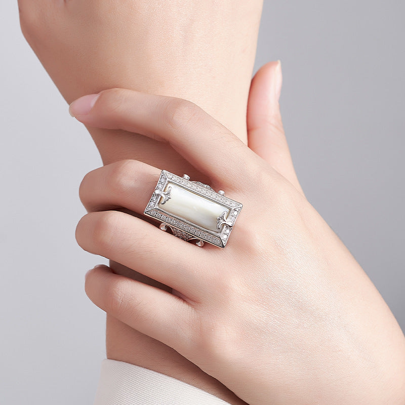 925 Sterling Silver White Shell Rectangular Ring with Crystals