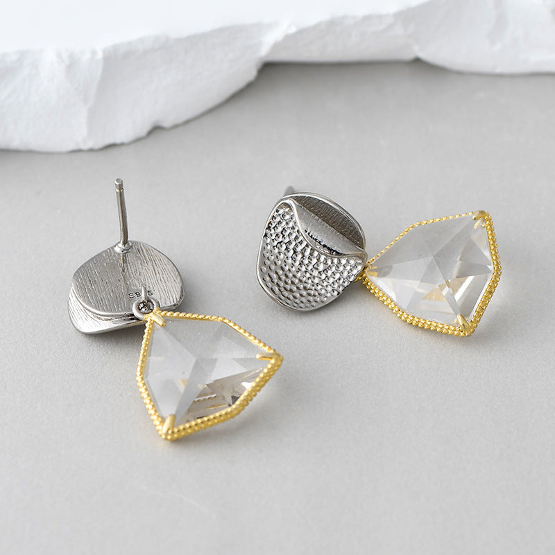 925 Sterling Silver Geometric Crystal Stud Earrings - French Gold Edge Design