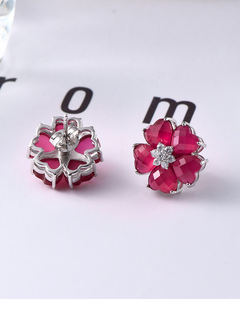 S925 silver heart-shaped redstone stud earrings fashion light luxury simple flower niche gemstone earrings women