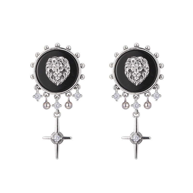 925 Sterling Silver Lion Head Black Onyx Tassel Earrings - Unisex