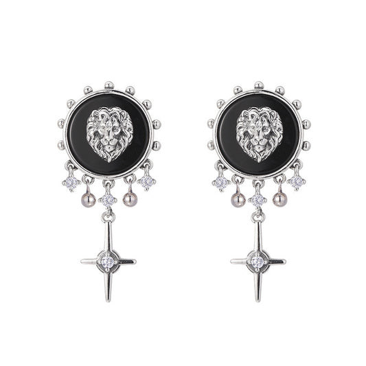925 Sterling Silver Lion Head Black Onyx Tassel Earrings - Unisex