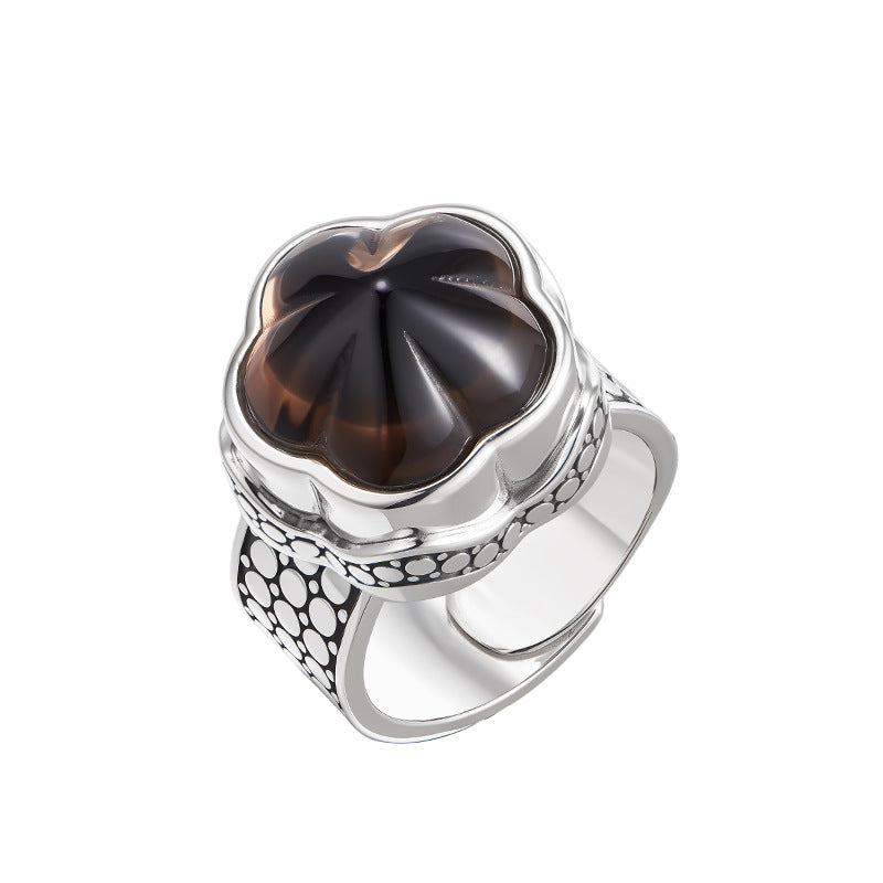S925 silver natural amethyst plum blossom wide version ring retro niche design tea crystal index finger ring women
