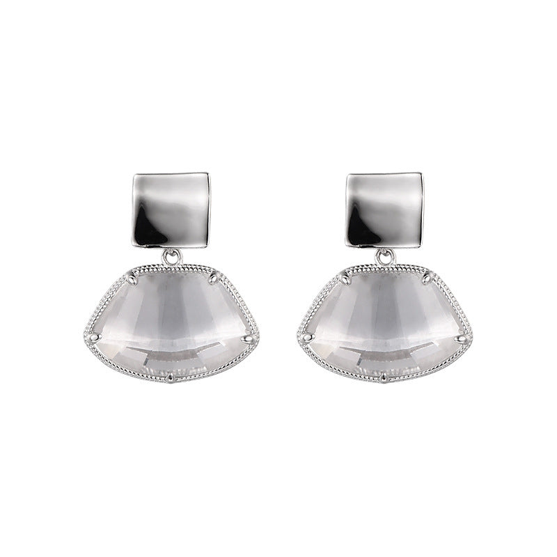 Fan-Shaped White Quartz Stud Earrings - 925 Sterling Silver Bezel Set Minimalist Design