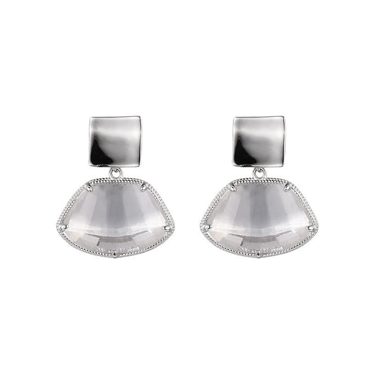 Fan-Shaped White Quartz Stud Earrings - 925 Sterling Silver Bezel Set Minimalist Design