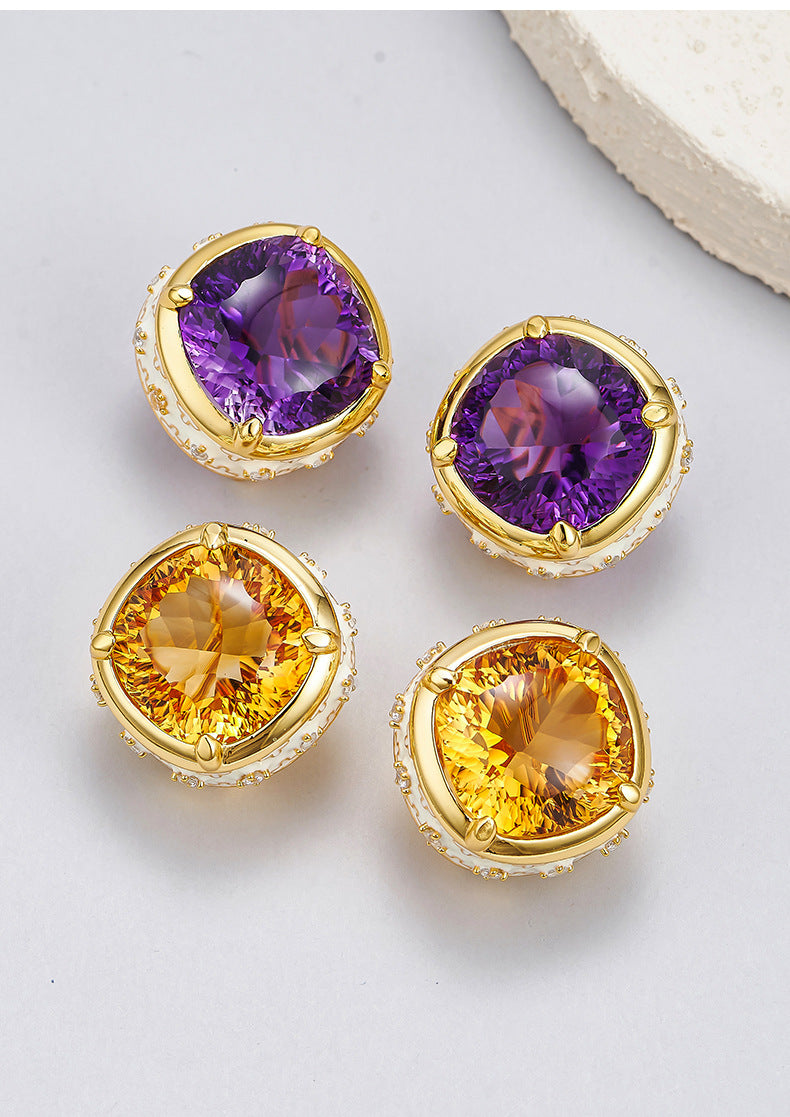 Luxury Enamel Citrine Earrings | 925 Sterling Silver | Medieval Geometric Statement Earrings