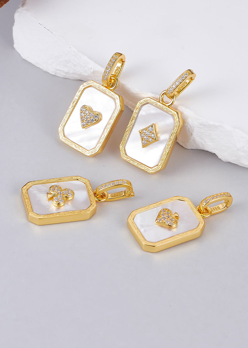 S925 silver-plated hemming inlaid shell pendant light luxury niche design playing card pendant collarbone necklace women