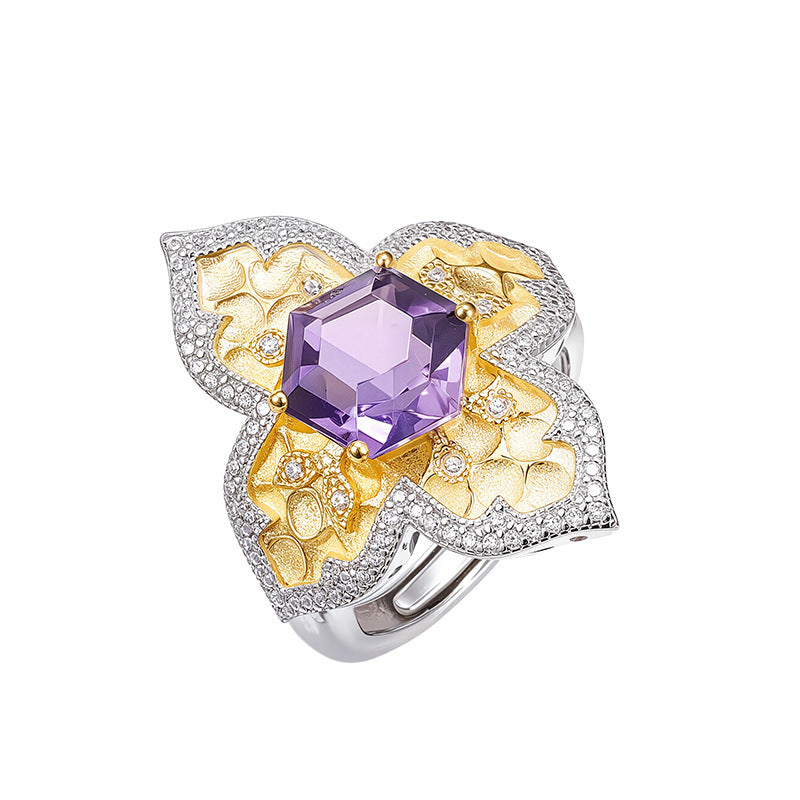 925 Sterling Silver Italian Faceted Amethyst Flower Open Ring