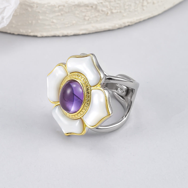 925 Sterling Silver White Shell Camellia Citrine Adjustable Ring