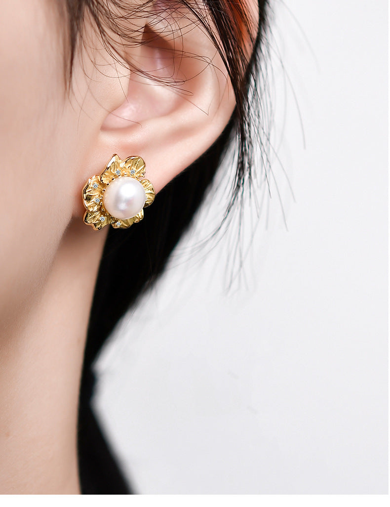 925 Sterling Silver Pearl Flower Stud Earrings - Vintage Design