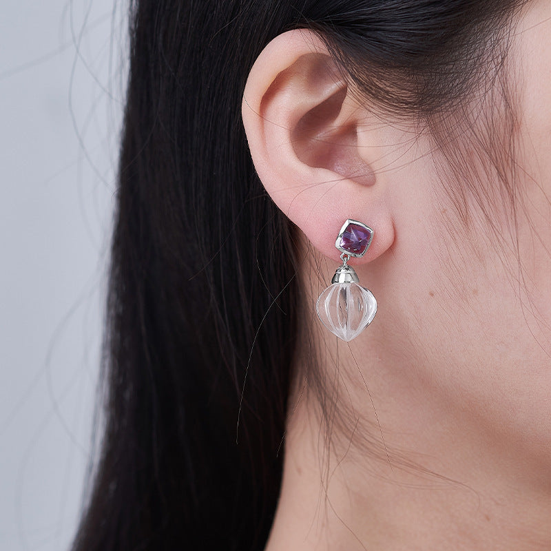 Pumpkin Bead Crystal Stud Earrings - 925 Sterling Silver with White Quartz & Amethyst
