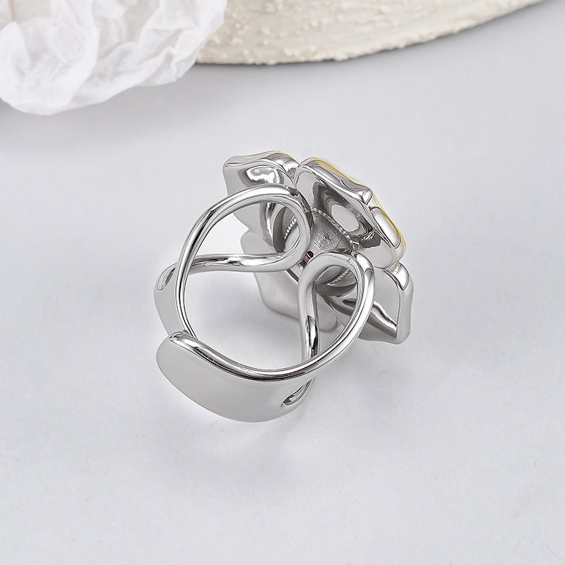 925 Sterling Silver White Shell Camellia Citrine Adjustable Ring