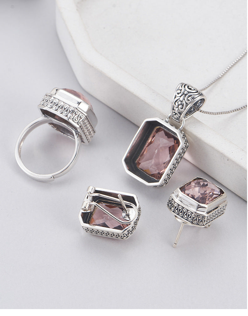 S925 Sterling Silver Morganite Square earrings rings Pendant Necklace Set