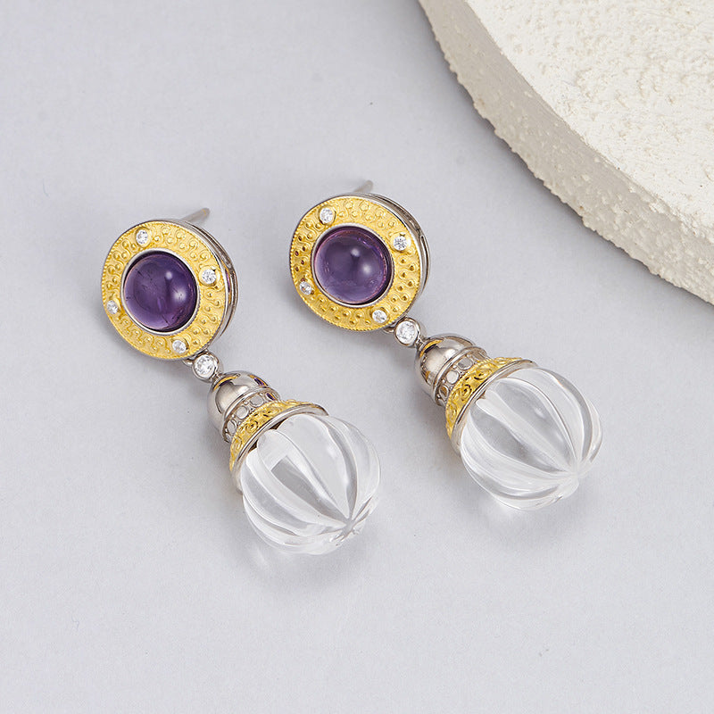 S925 silver natural crystal pumpkin bead earrings retro Italian craftsmanship temperament medieval earrings women