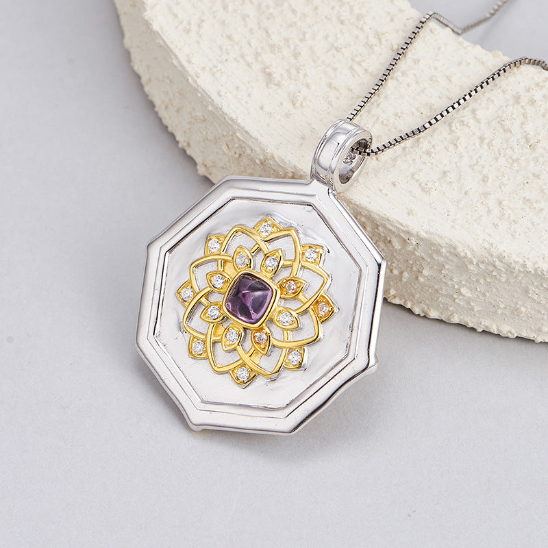 Amethyst Portrait Pendant | 925 Sterling Silver | Retro Relief Necklace
