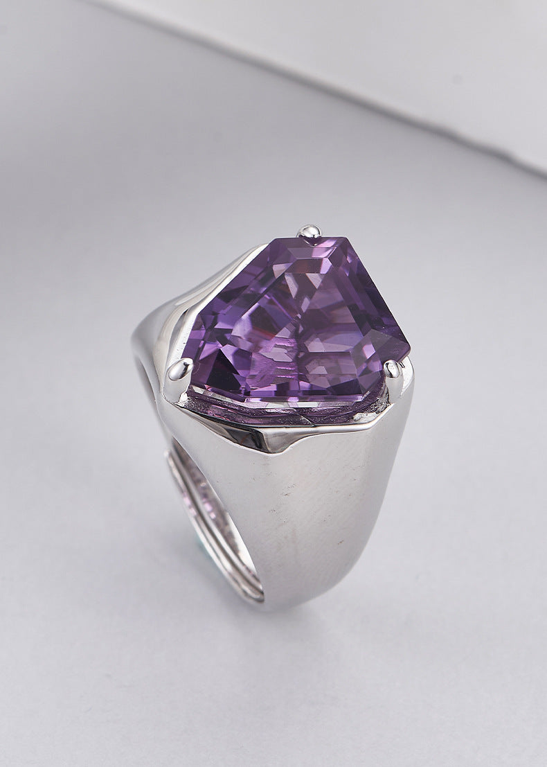 S925 silver cut amethyst geometric personality open ring fashionable simple sweet cool temperament adjustable ring