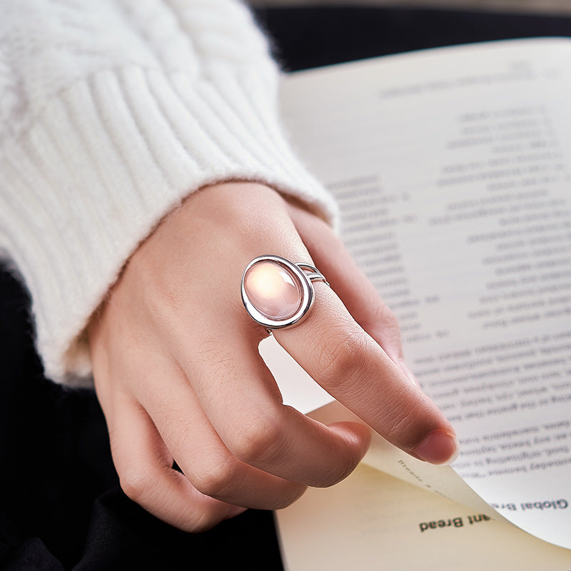 S925 silver simple fashion irregular pink crystal ring daily commuting versatile index finger ring jewelry