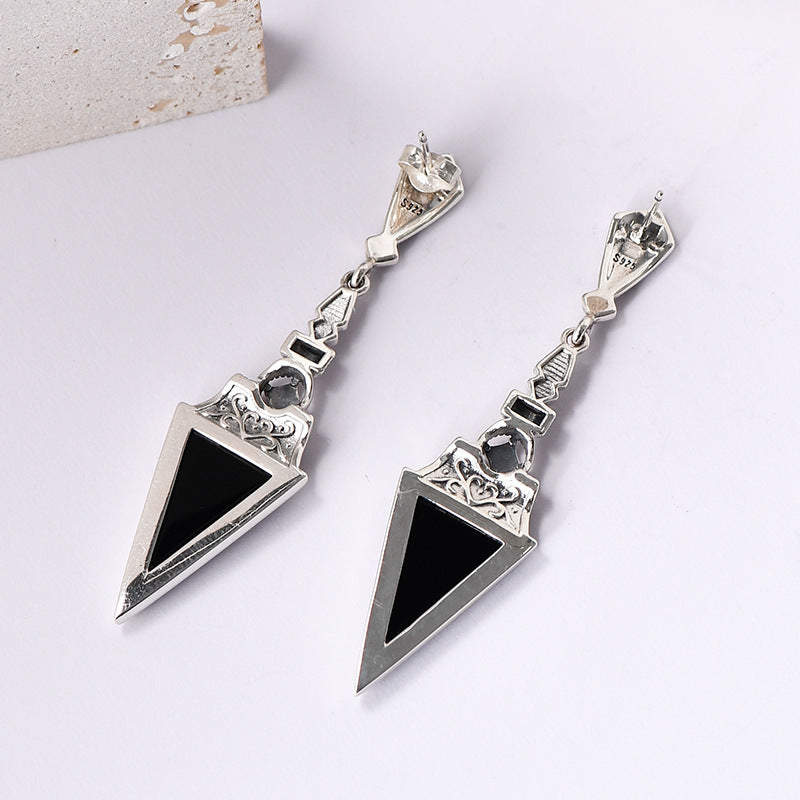 Statement Diamond-Shaped Earrings - 925 Sterling Silver with Black Onyx Triangle Accents