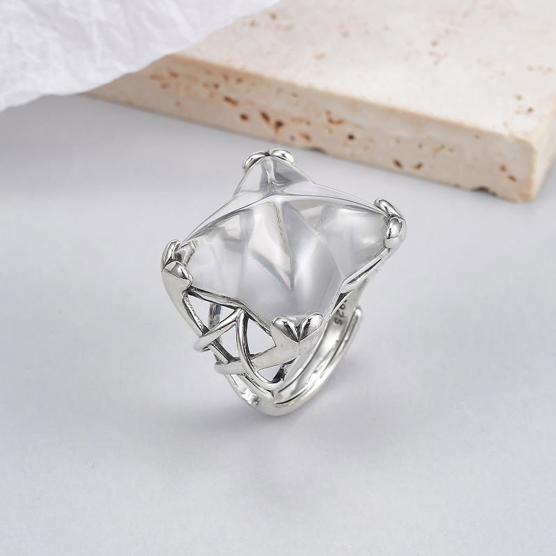 Hollow Geometric Crystal Ring - 925 Silver Large Opening - Exaggerated Index Finger Ring
