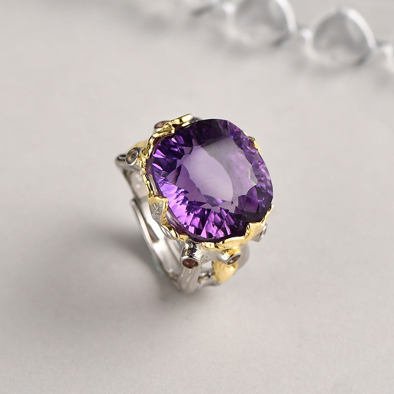 Retro Court Amethyst Ring - 925 Silver Gold-Plated Weave - Heavy Industry Statement Ring
