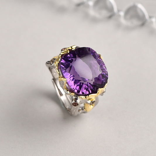 Retro Court Amethyst Ring - 925 Silver Gold-Plated Weave - Heavy Industry Statement Ring