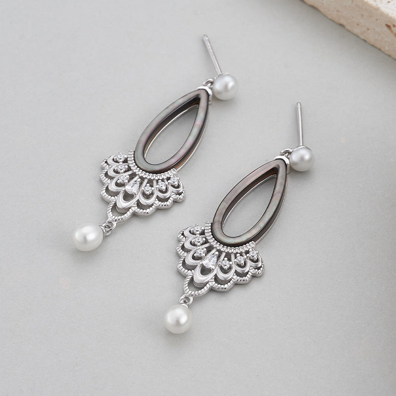 Teardrop Pearl Earrings - 925 Sterling Silver Openwork Long Drop with Black Shell