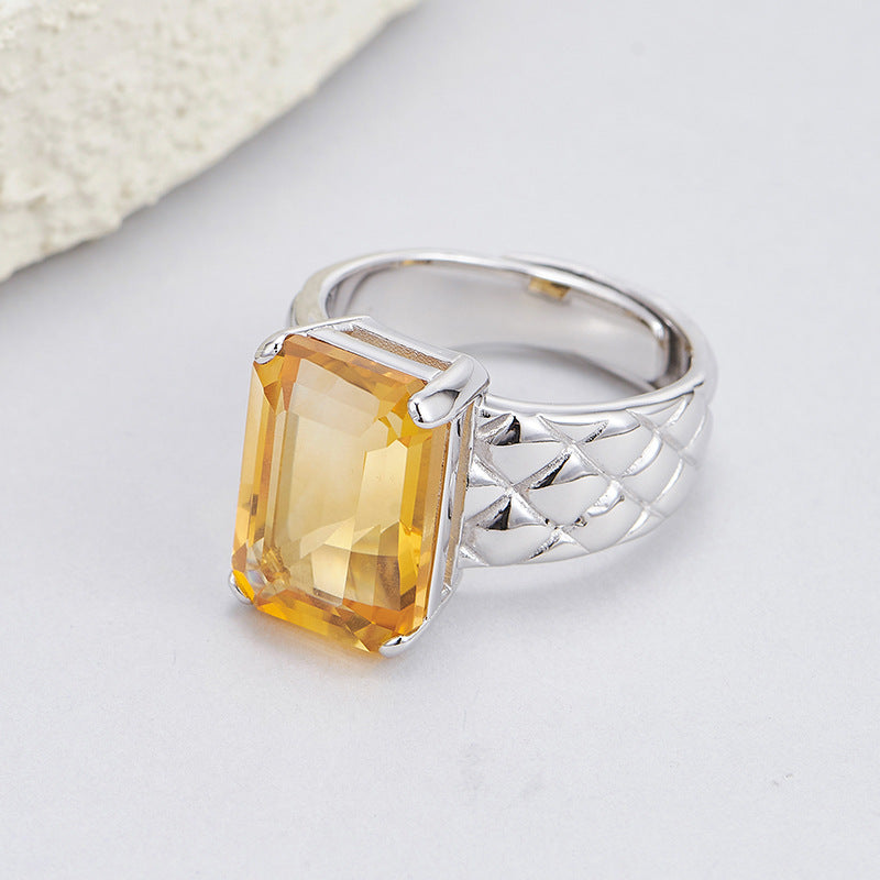 S925 silver natural cut citrine texture square ring cold wind personality temperament ring