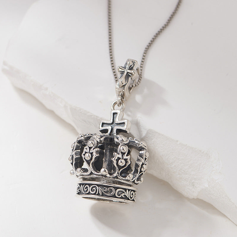 S925 Silver Cross Crown Pendant Niche Design Couple Sweater Necklace Men