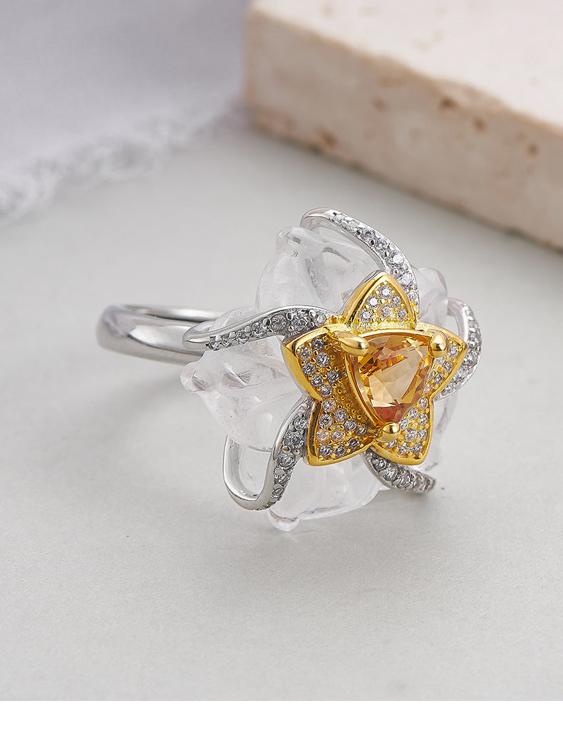 925 Sterling Silver White Crystal & Citrine Flower Ring