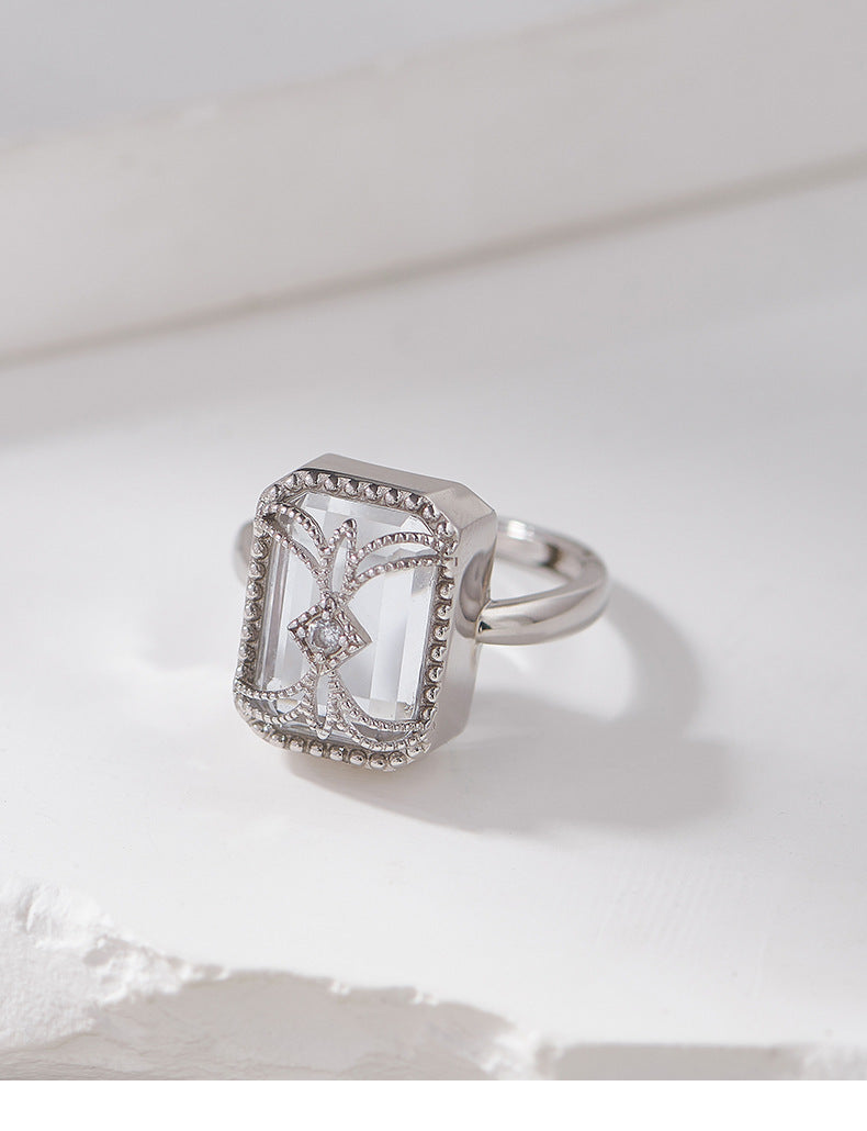 Square Wrapped Quartz Ring - 925 Sterling Silver Wire-Wrapped Adjustable Band