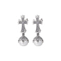 Vintage Inspired Pearl Cross Earrings - Sterling Silver Arabesque Detail - Unisex Clip-On Elegance