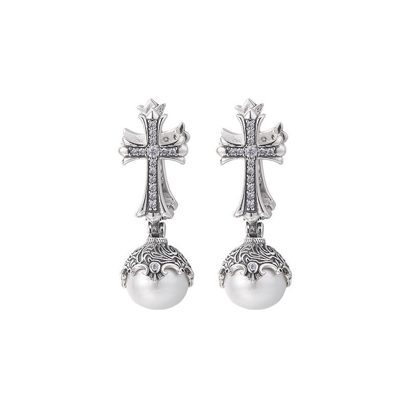 Vintage Inspired Pearl Cross Earrings - Sterling Silver Arabesque Detail - Unisex Clip-On Elegance