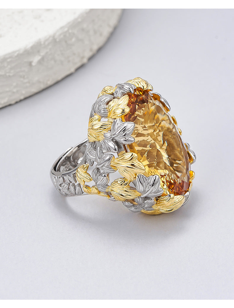 Hollow Leaf Crystal Ring - 925 Silver Exaggerated Design - Statement Citrine Index Finger Ring