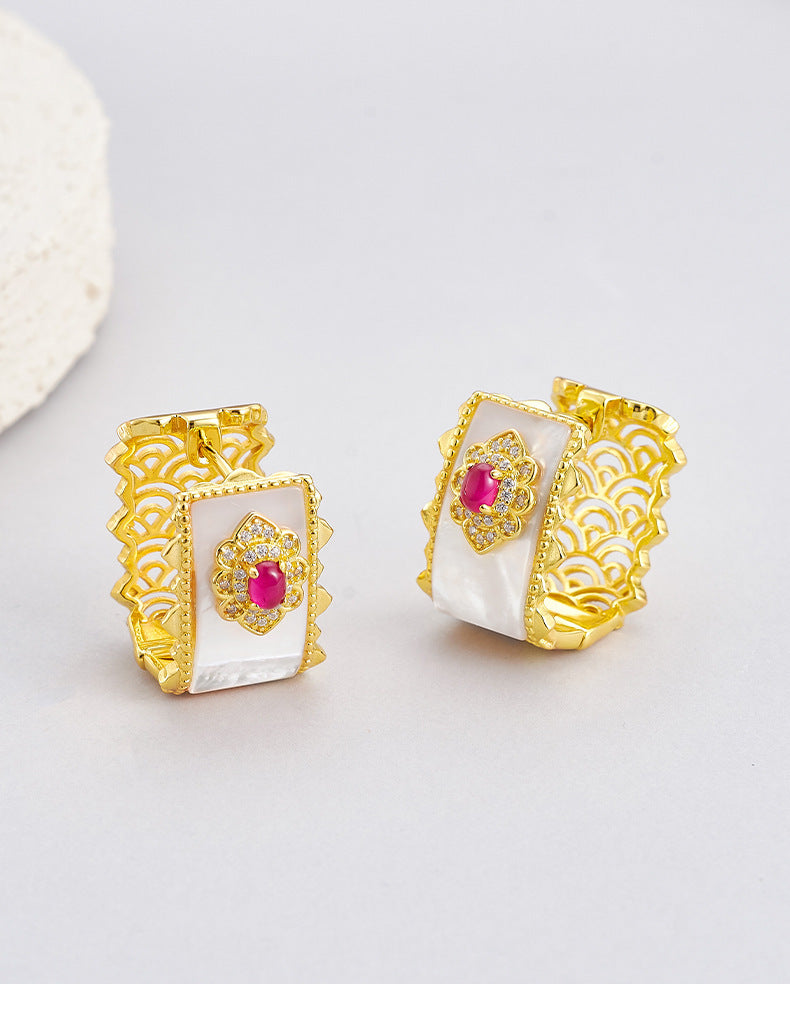 Retro light luxury red corundum ear buckle s925 silver hollow white shell wide-faced earrings temperament exquisite medieval earrings women