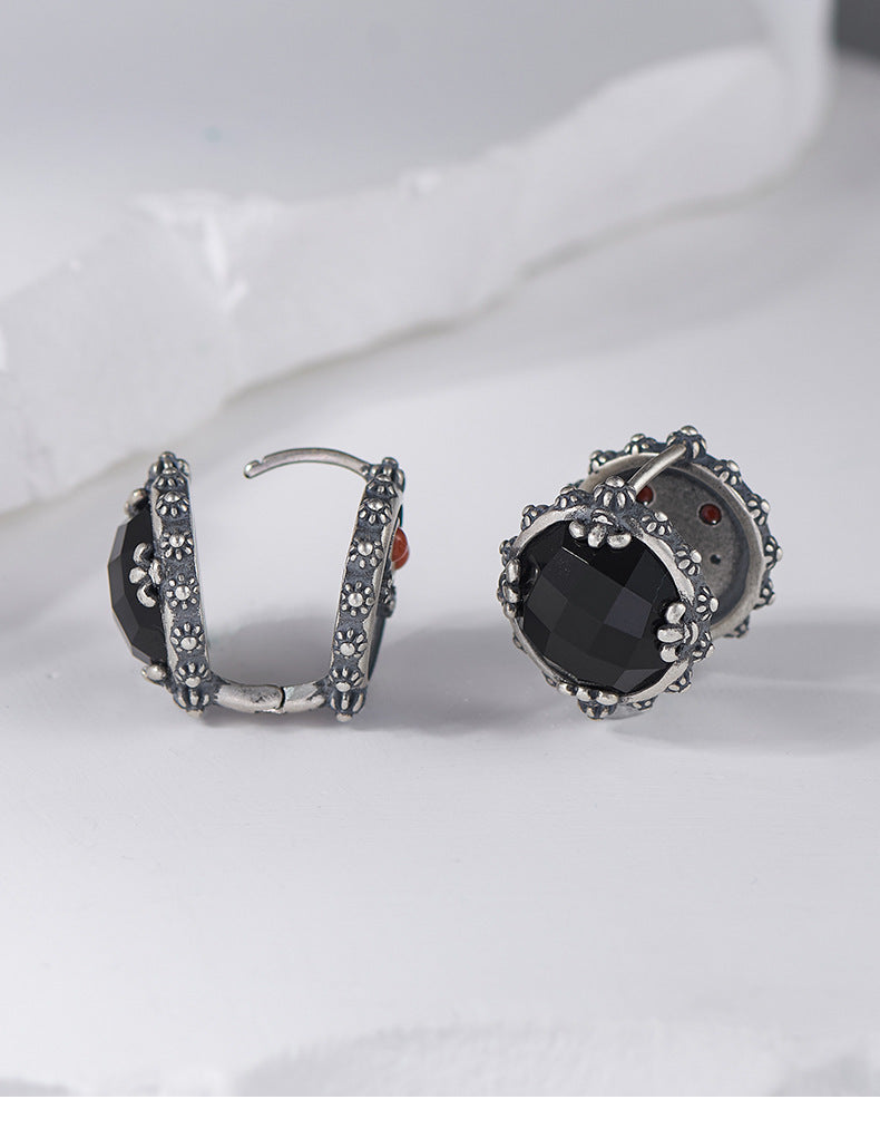 Geometric Onyx Earrings - Polished Sterling Silver Settings